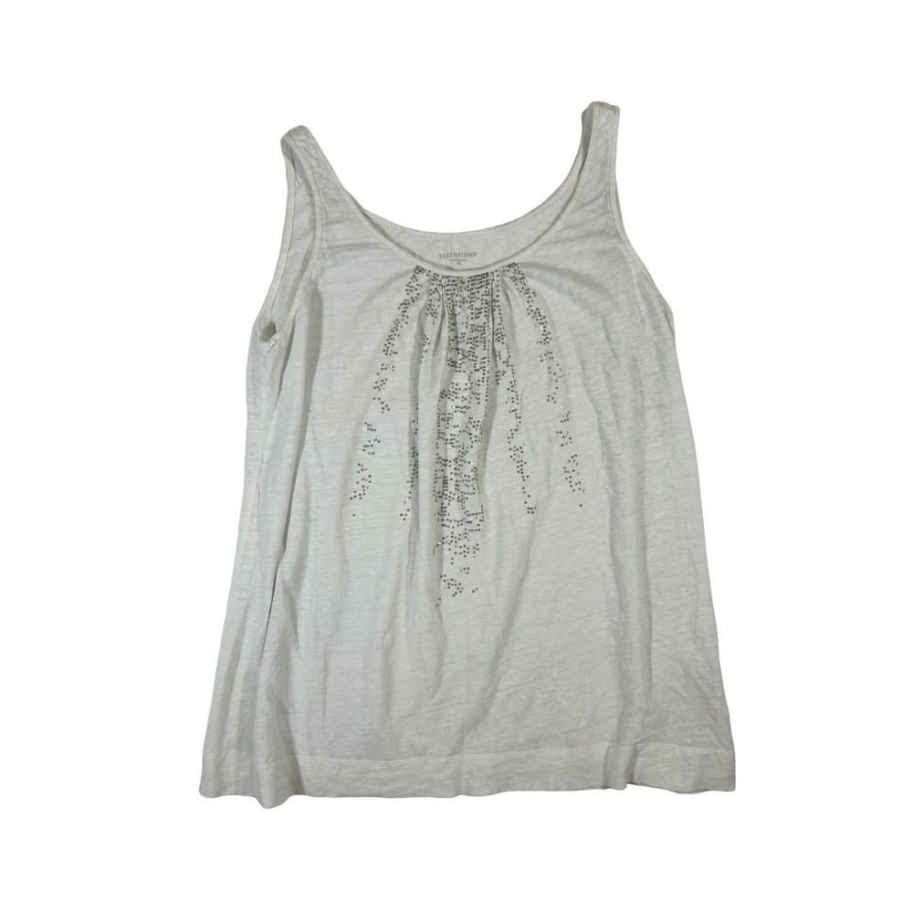 Eileen Fisher White 100% Linen Sequin Embellished Tank Top Womens Medium